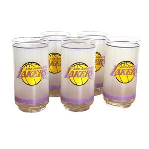 Vintage LA Lakers Mobil Frosted Collectible Graphic Drinking Glasses Set of 5